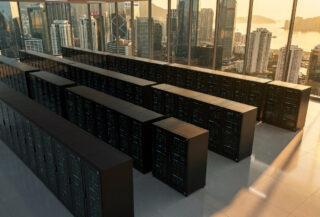 Data center server racks with city skyline, Singapore or Hong Kong