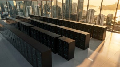 Data center server racks with city skyline, Singapore or Hong Kong