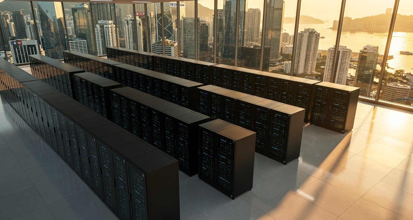 Data center server racks with city skyline, Singapore or Hong Kong