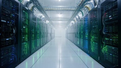 Data center server racks with LED indicators, Singapore or Malaysia facility