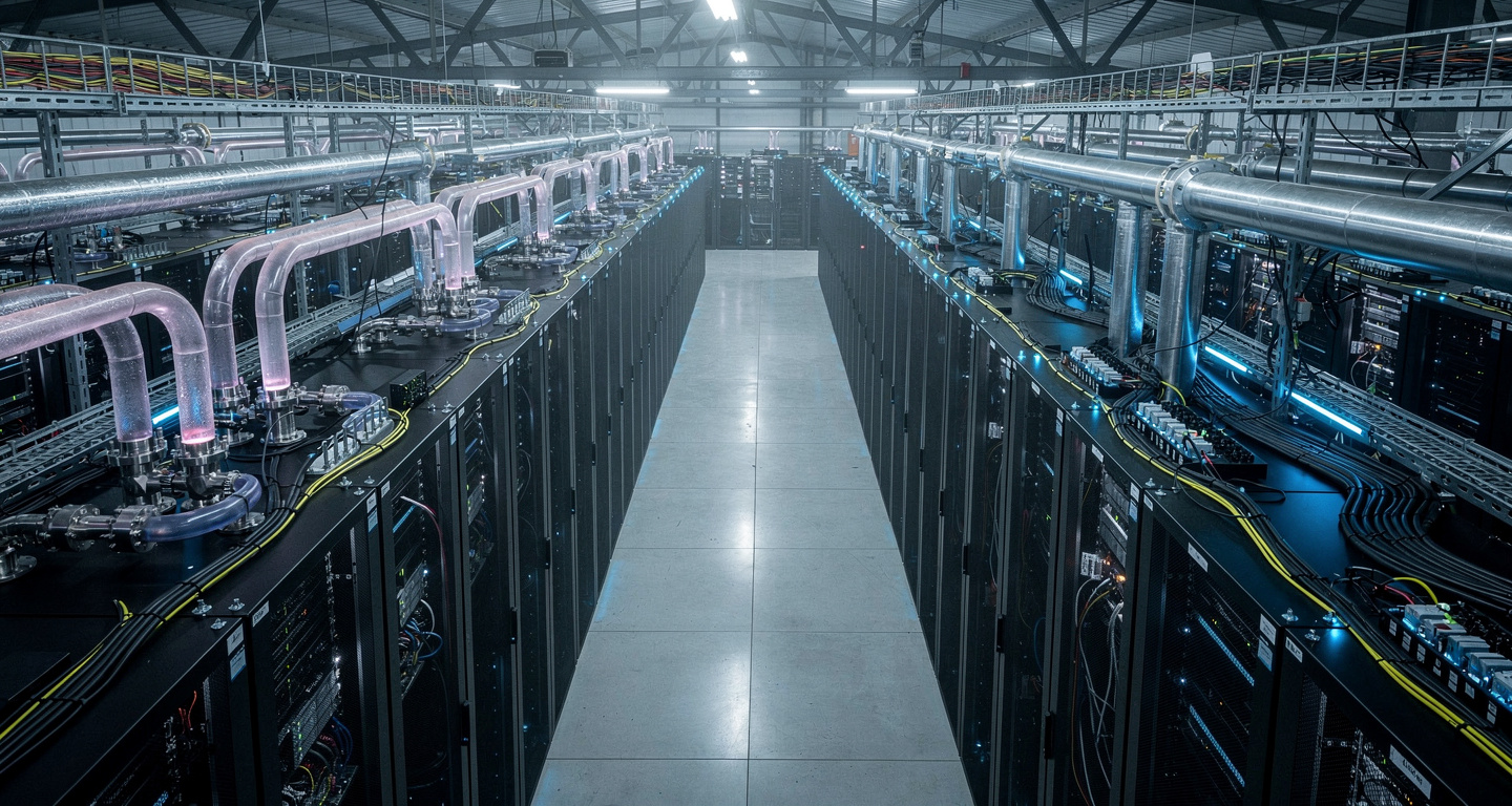 Data center server racks with liquid cooling infrastructure, West Java industrial facility
