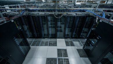 Data center server room with GPU clusters and cooling systems, blue and green lighting
