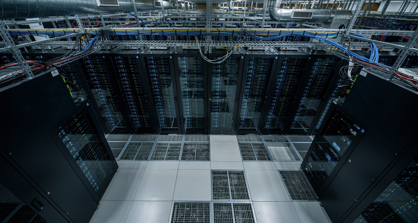 Data center server room with GPU clusters and cooling systems, blue and green lighting