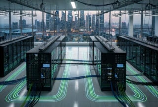 Data center server room with interconnected network nodes and glowing pathways