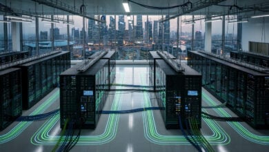 Data center server room with interconnected network nodes and glowing pathways