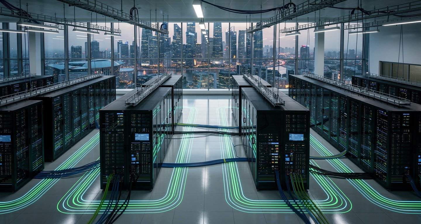 Data center server room with interconnected network nodes and glowing pathways