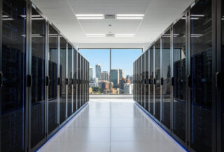 Data centre server racks with blue LED lighting, Mumbai or Sydney tech hub