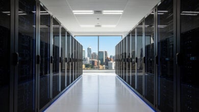 Data centre server racks with blue LED lighting, Mumbai or Sydney tech hub