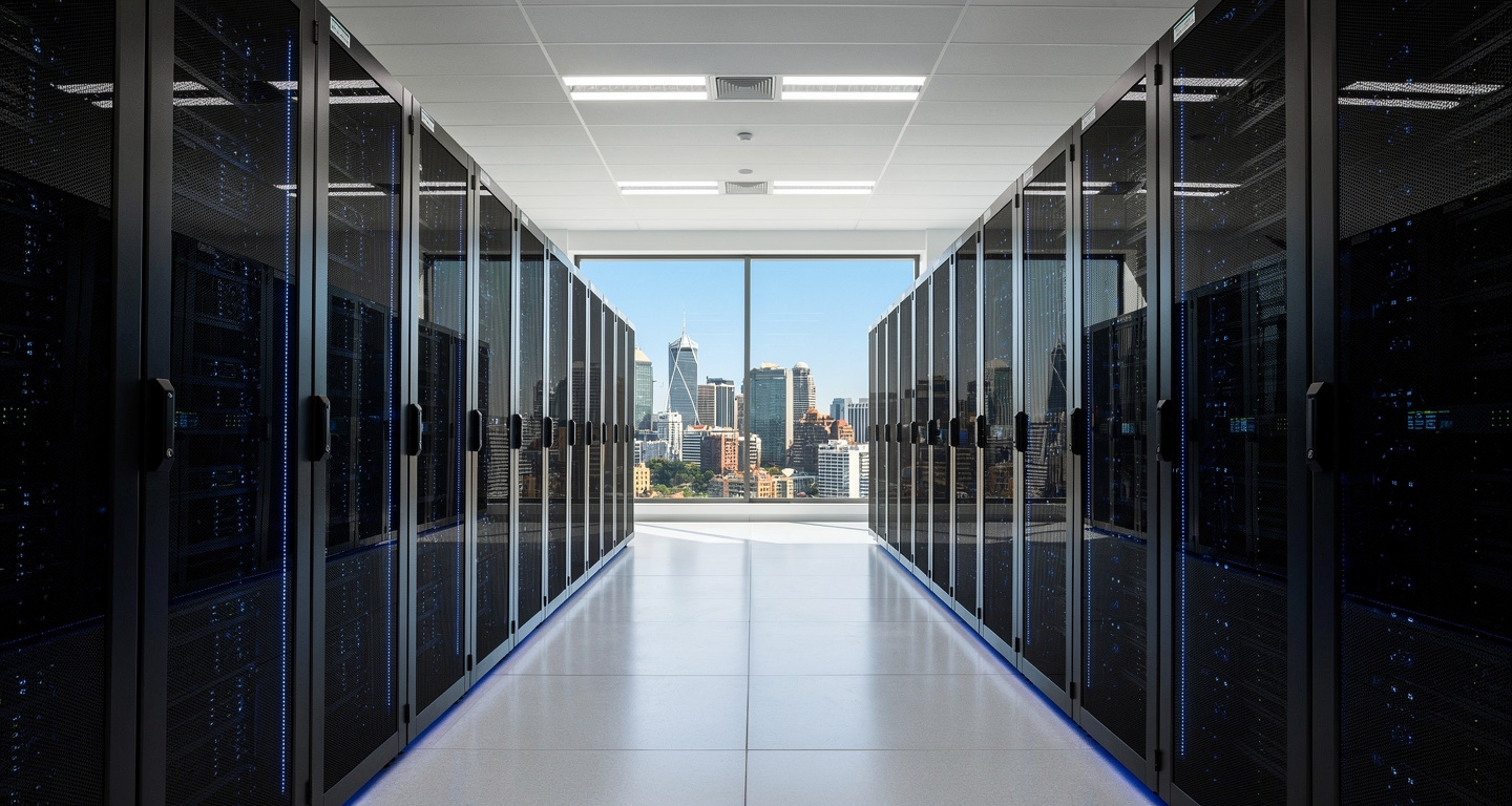 Data centre server racks with blue LED lighting, Mumbai or Sydney tech hub
