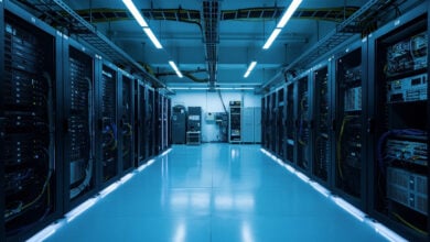 Data centre server room with redundant backup systems, Seoul, South Korea
