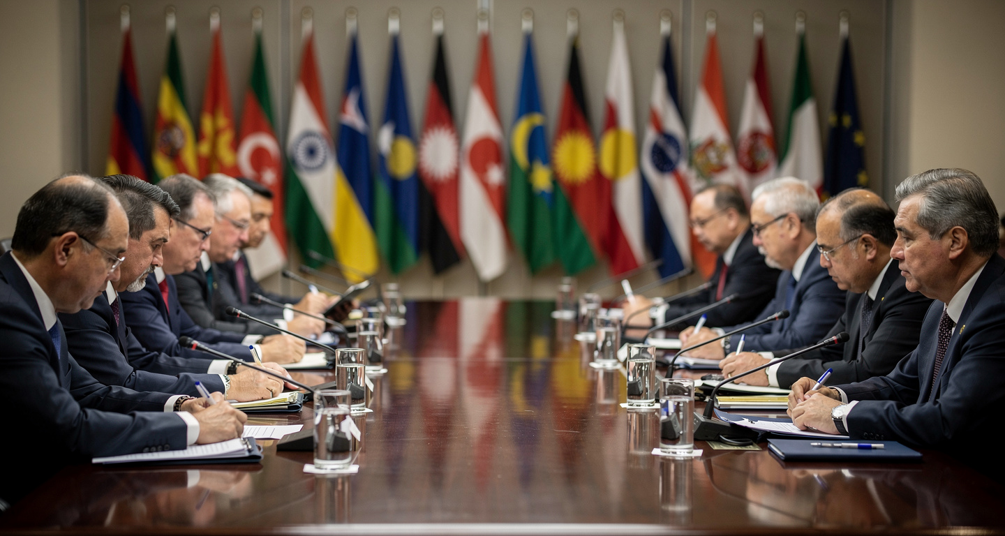 Defence ministers at formal conference table, Singapore, flags of Asian nations in background