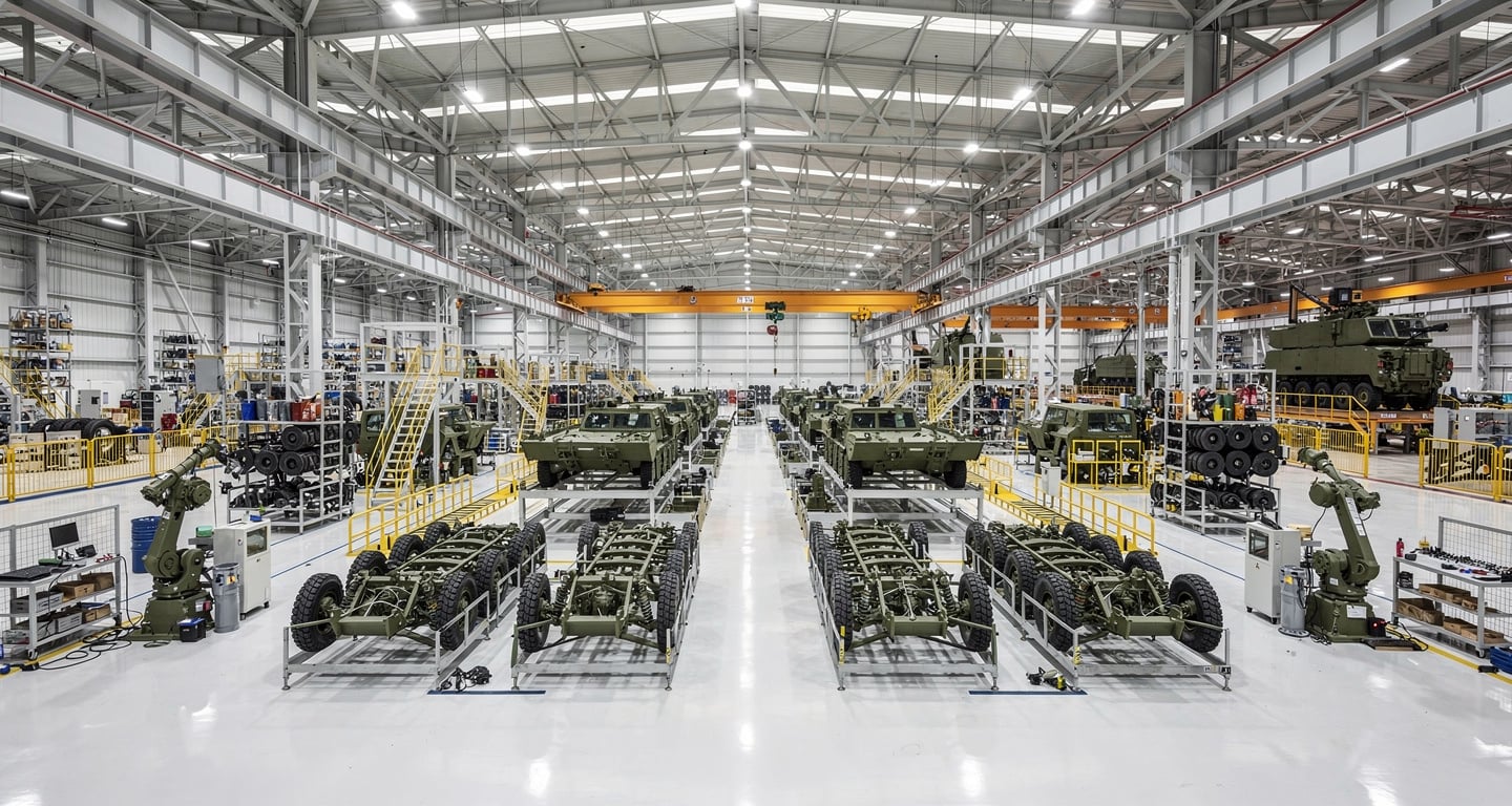 Defense manufacturing assembly line in South Korea with military vehicles under industrial lighting