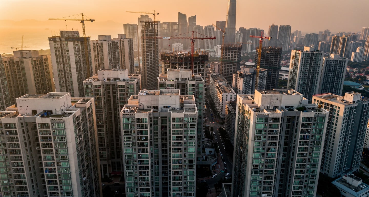 Dense high-rise residential towers in Asian city skyline at golden hour