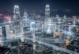 Digital network visualization of autonomous AI agents transacting on blockchain across Asian financial hubs