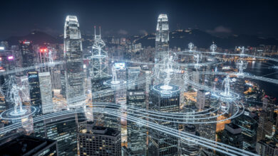 Digital network visualization of autonomous AI agents transacting on blockchain across Asian financial hubs