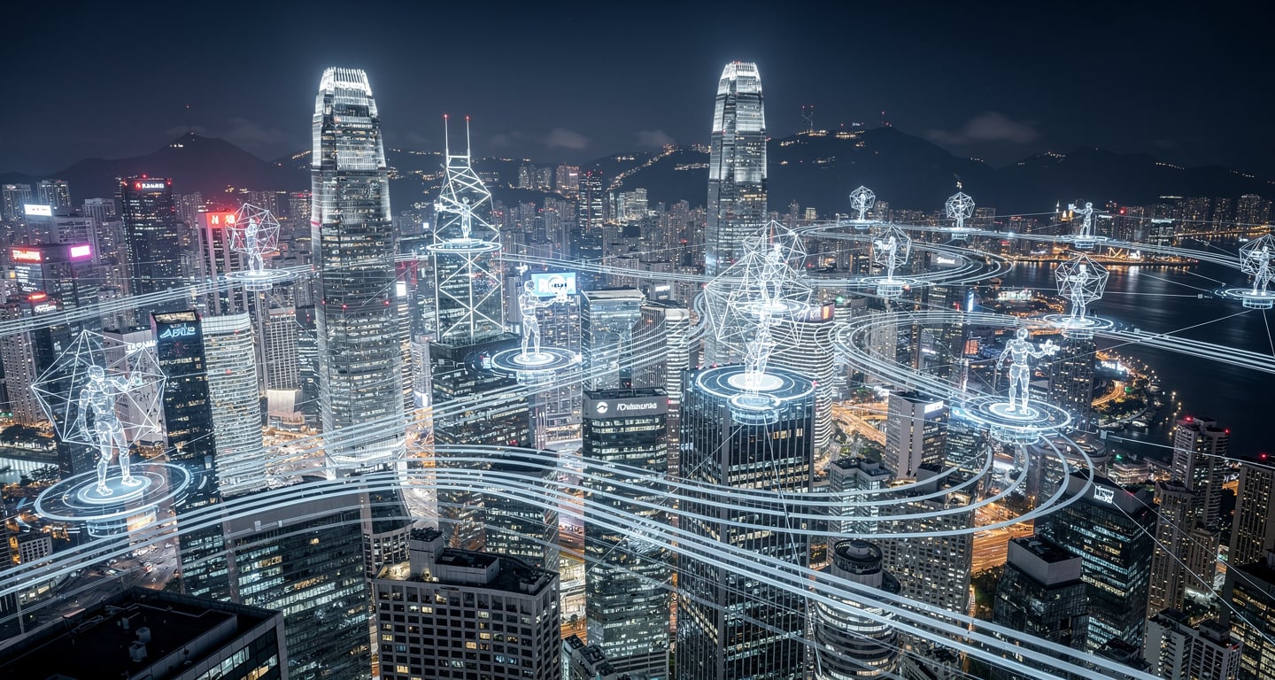 Digital network visualization of autonomous AI agents transacting on blockchain across Asian financial hubs