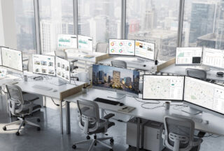 Digital property transaction dashboard with verified listings interface, Shanghai office interior
