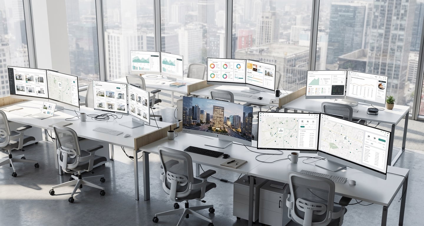 Digital property transaction dashboard with verified listings interface, Shanghai office interior