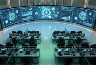 Digital trading floor with blockchain data displays, Dubai financial district