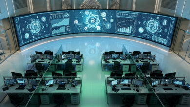 Digital trading floor with blockchain data displays, Dubai financial district