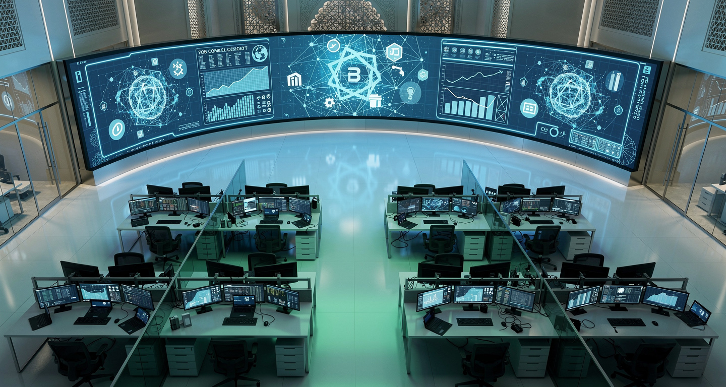 Digital trading floor with blockchain data displays, Dubai financial district