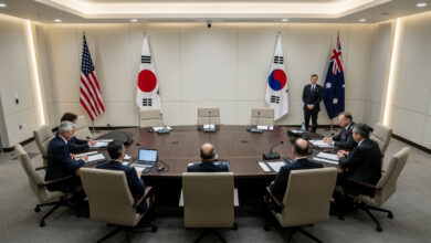 Diplomatic conference table with flags of US, Japan, South Korea, and Australia