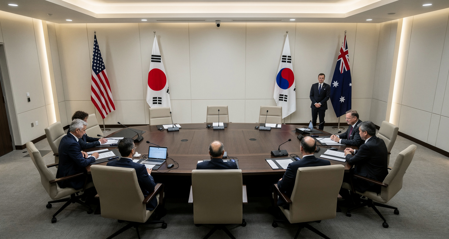 Diplomatic conference table with flags of US, Japan, South Korea, and Australia