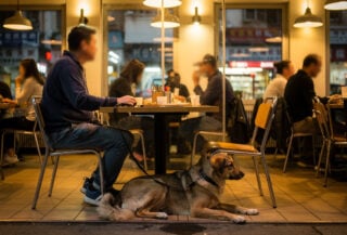 Dog on leash at restaurant table in Hong Kong dining area