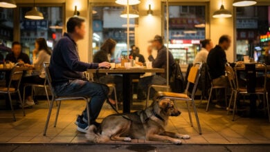 Dog on leash at restaurant table in Hong Kong dining area
