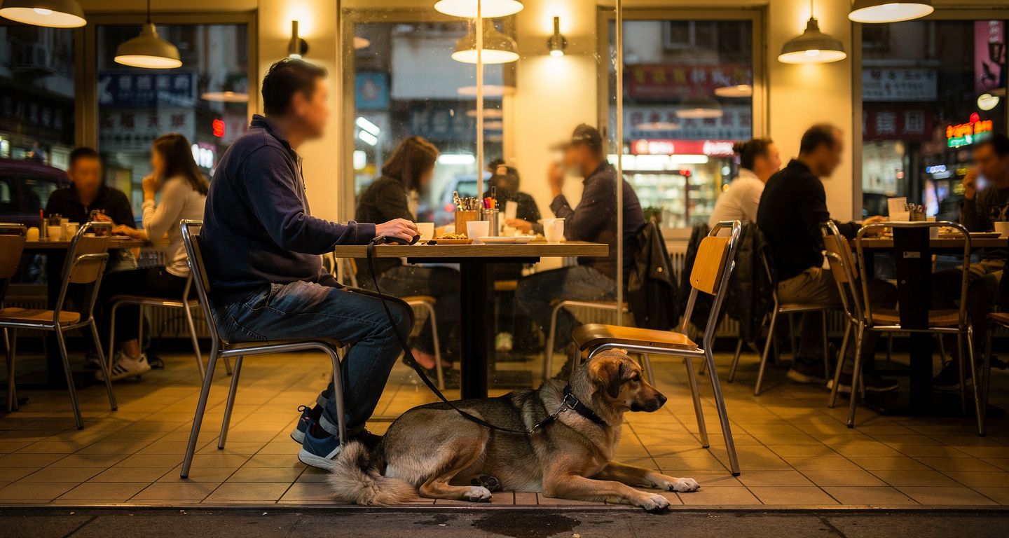 Dog on leash at restaurant table in Hong Kong dining area