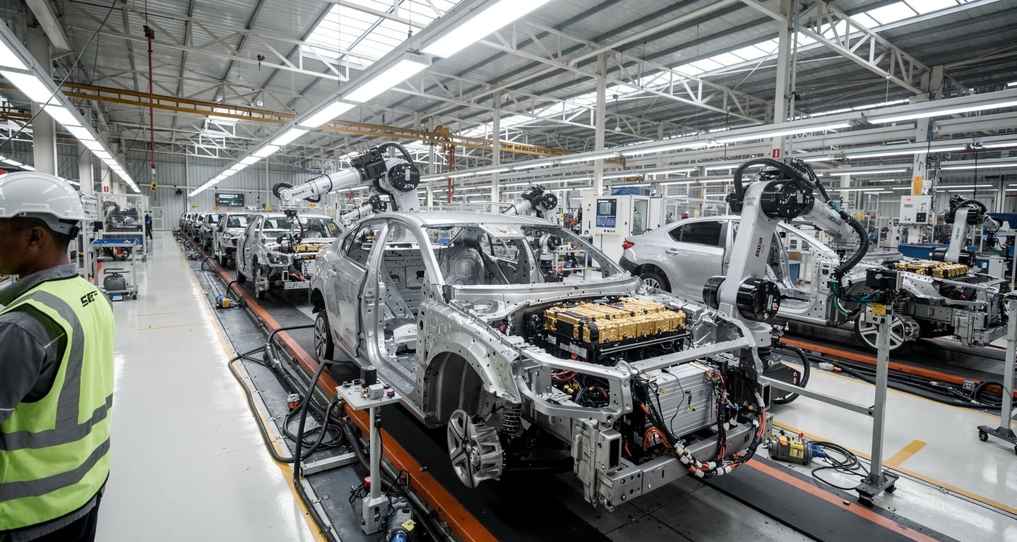 Electric vehicle assembly line in Banten province, Indonesia, industrial manufacturing facility