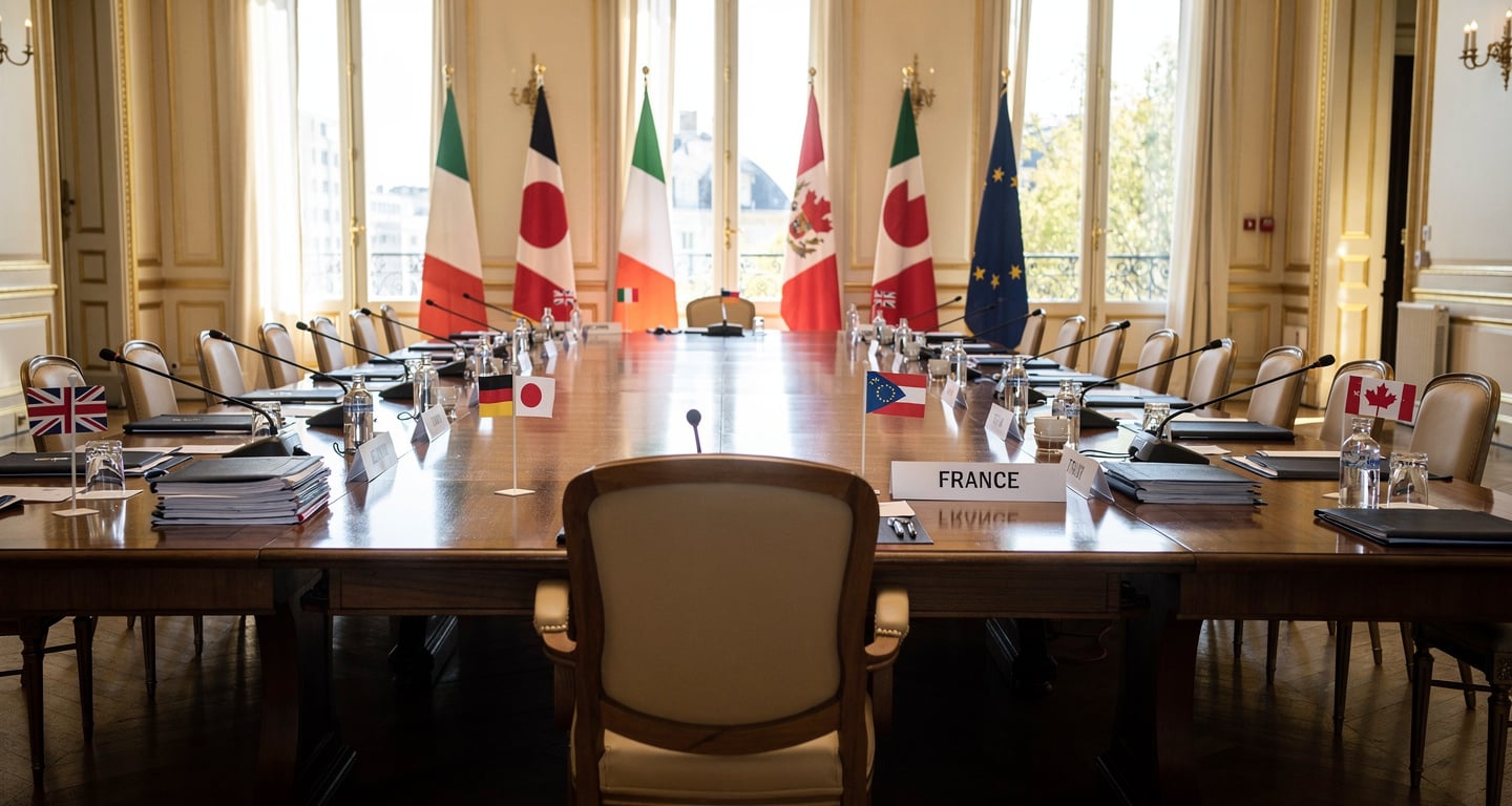 Empty chair at G7 summit table, Versailles, France