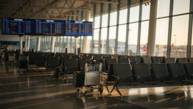 Empty departure lounge at Auckland International Airport, afternoon light