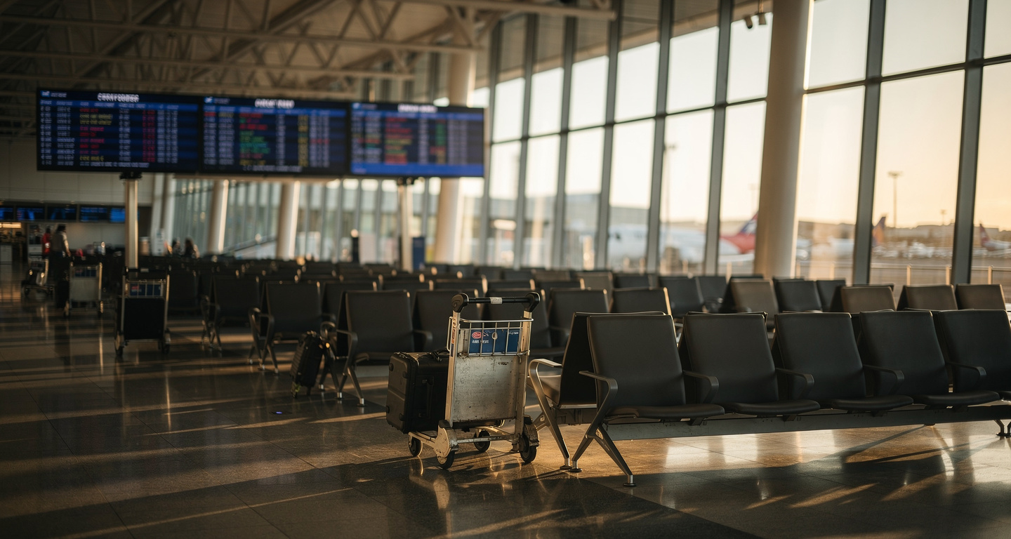 Empty departure lounge at Auckland International Airport, afternoon light