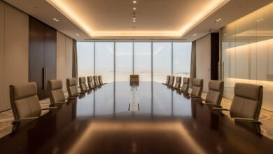 Empty diplomatic conference room in Doha with formal seating arrangement