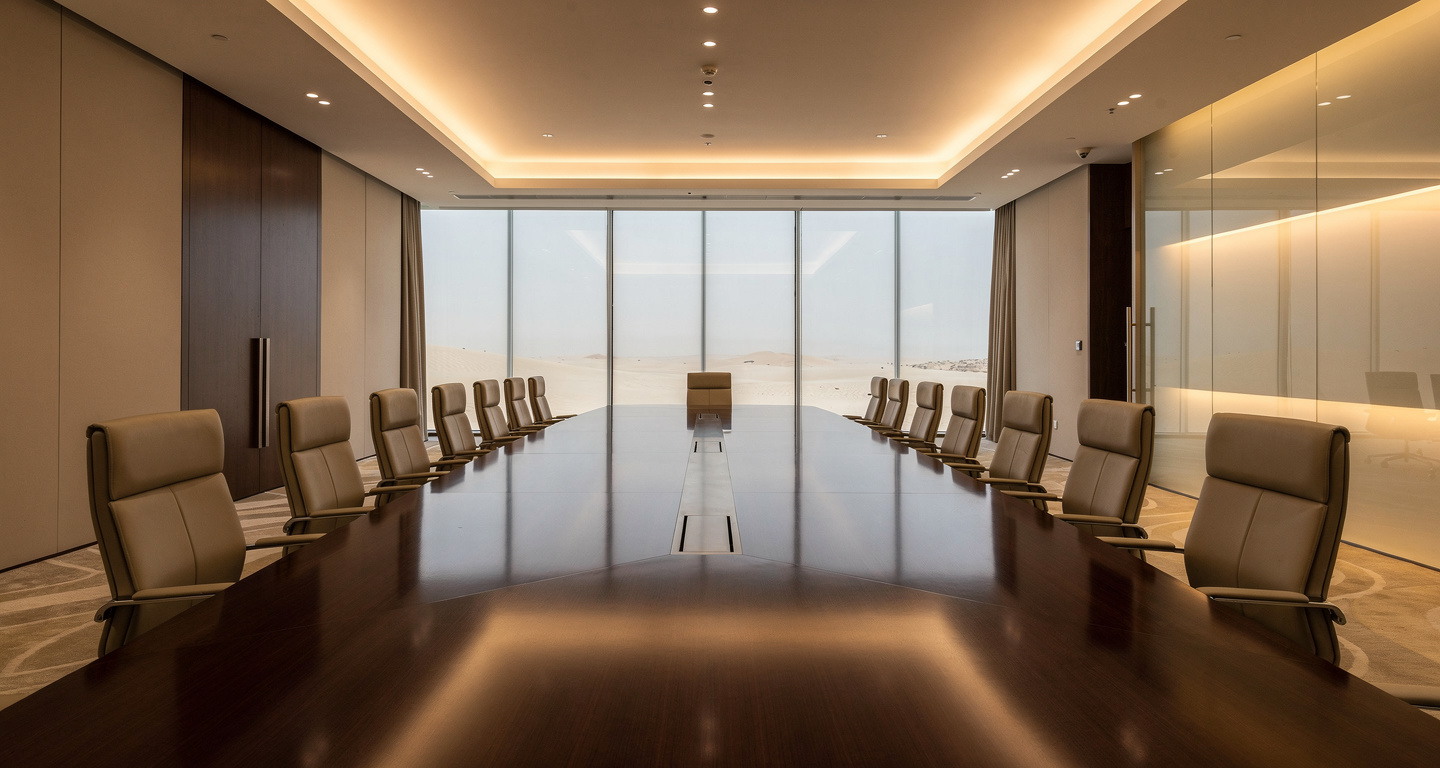 Empty diplomatic conference room in Doha with formal seating arrangement
