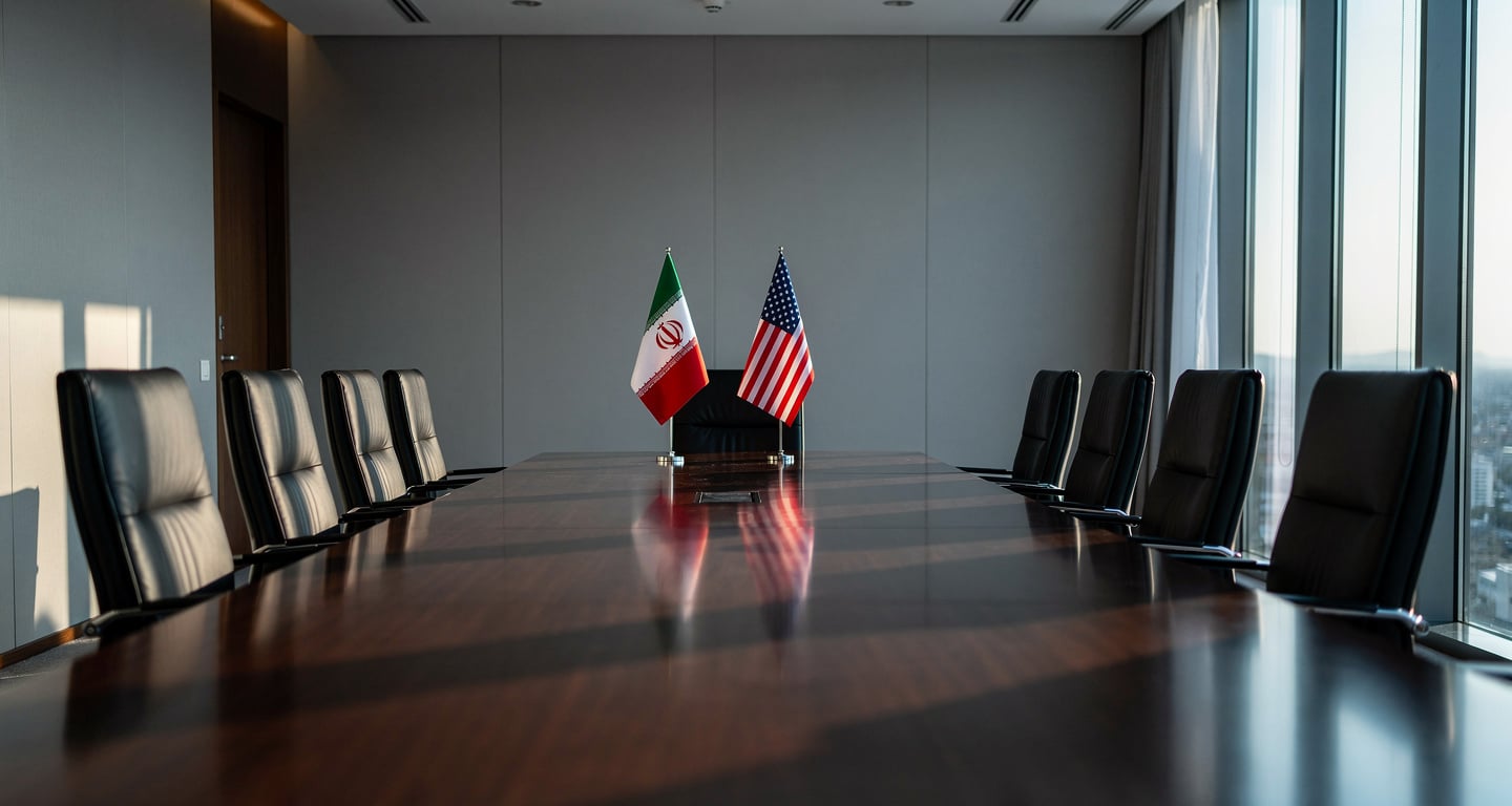 Empty negotiation table in Swiss conference room with Iranian and US flags
