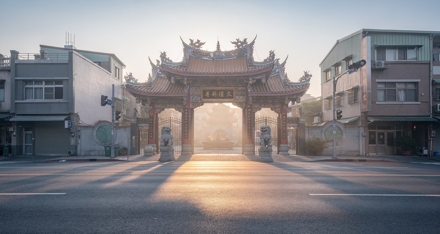 Empty Taipei temple entrance at dawn, minimal crowds, soft morning light