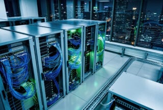 Fiber optic cables and network infrastructure in modern data center, Tokyo