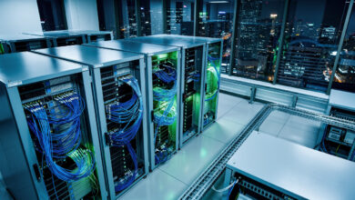 Fiber optic cables and network infrastructure in modern data center, Tokyo