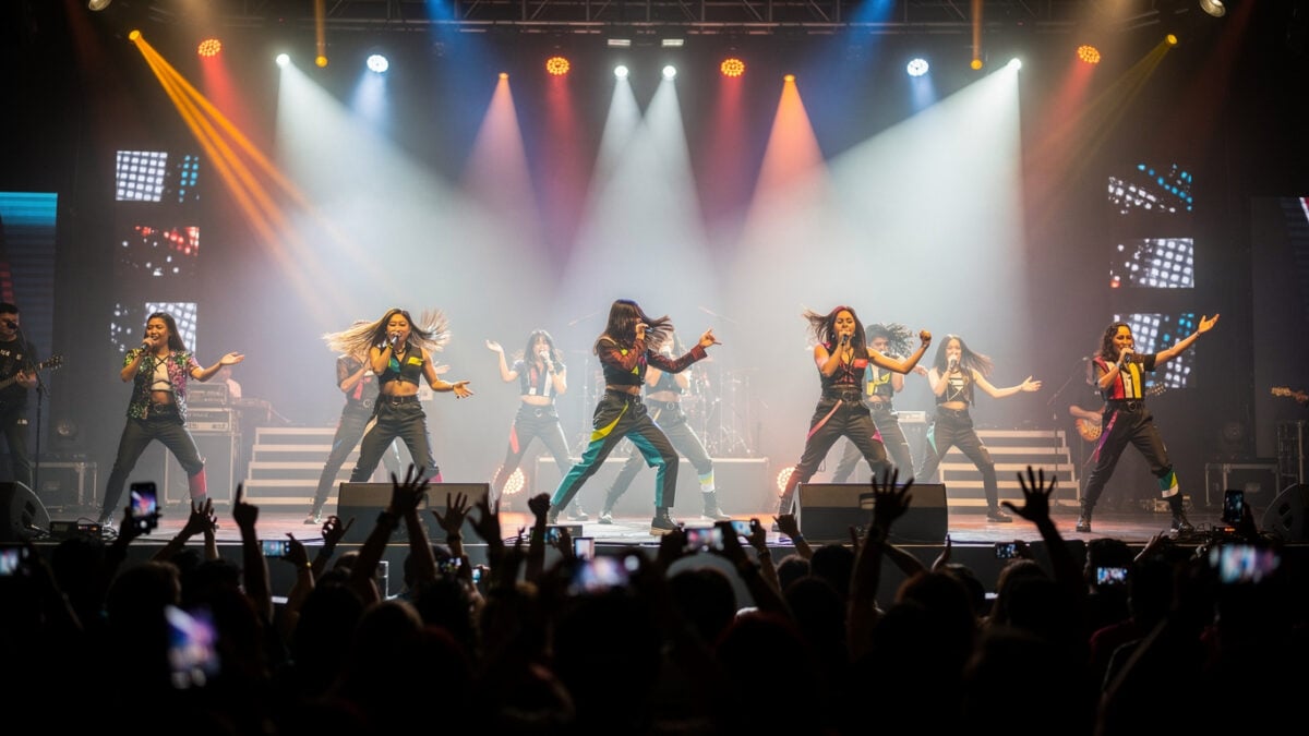 Filipino pop idols performing on concert stage with dramatic lighting and choreography