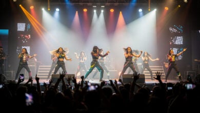 Filipino pop idols performing on concert stage with dramatic lighting and choreography