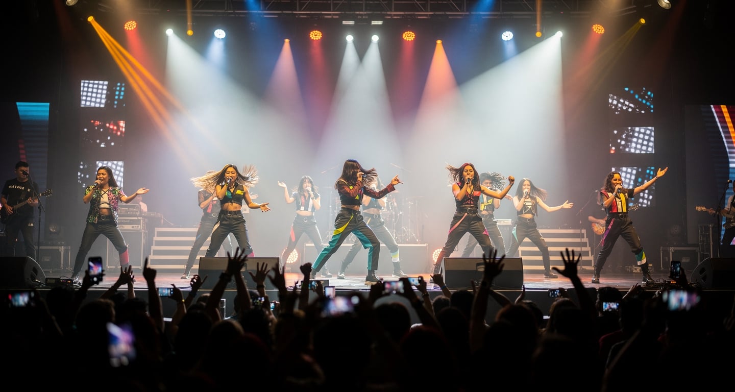 Filipino pop idols performing on concert stage with dramatic lighting and choreography