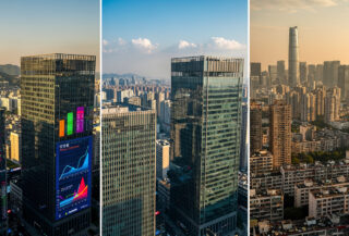 Financial district skylines in Seoul, Tokyo, Shanghai showing contrast between residential and commercial architecture