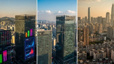 Financial district skylines in Seoul, Tokyo, Shanghai showing contrast between residential and commercial architecture