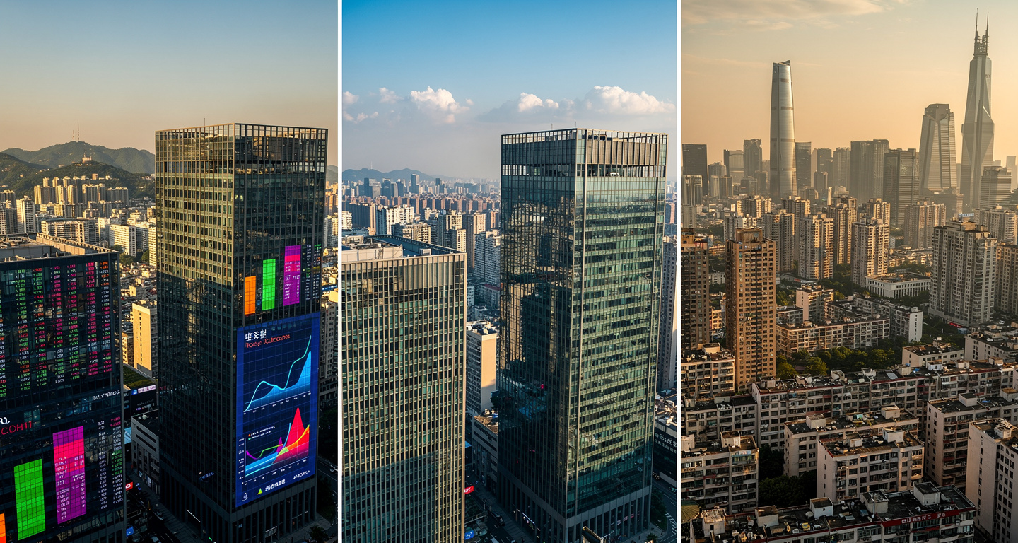 Financial district skylines in Seoul, Tokyo, Shanghai showing contrast between residential and commercial architecture