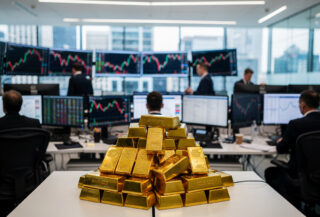 Financial trading floor with gold bars and price charts, professional market setting