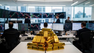 Financial trading floor with gold bars and price charts, professional market setting