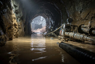 Flooded illegal gold mine tunnel, central Laos, emergency rescue lighting
