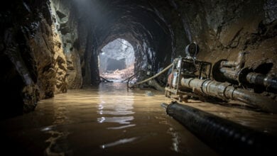 Flooded illegal gold mine tunnel, central Laos, emergency rescue lighting